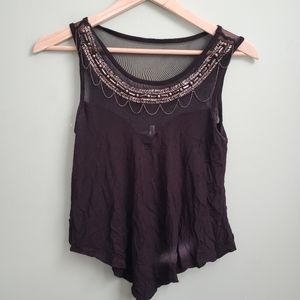 Beaded/see-through collar and flowy crop top